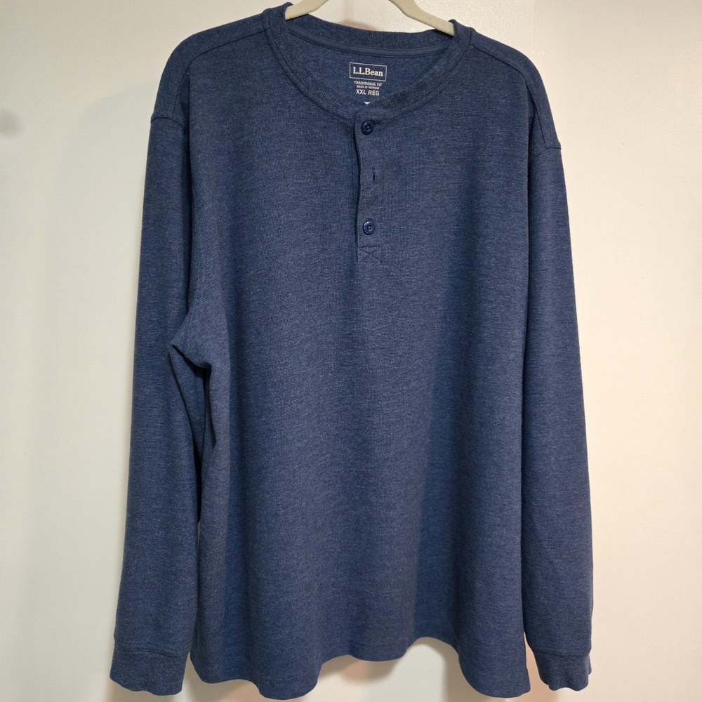 LL Bean Unshrinkable Mini-Waffle Henley‎ Shirt Mens XXL Blue Workwear Base Layer